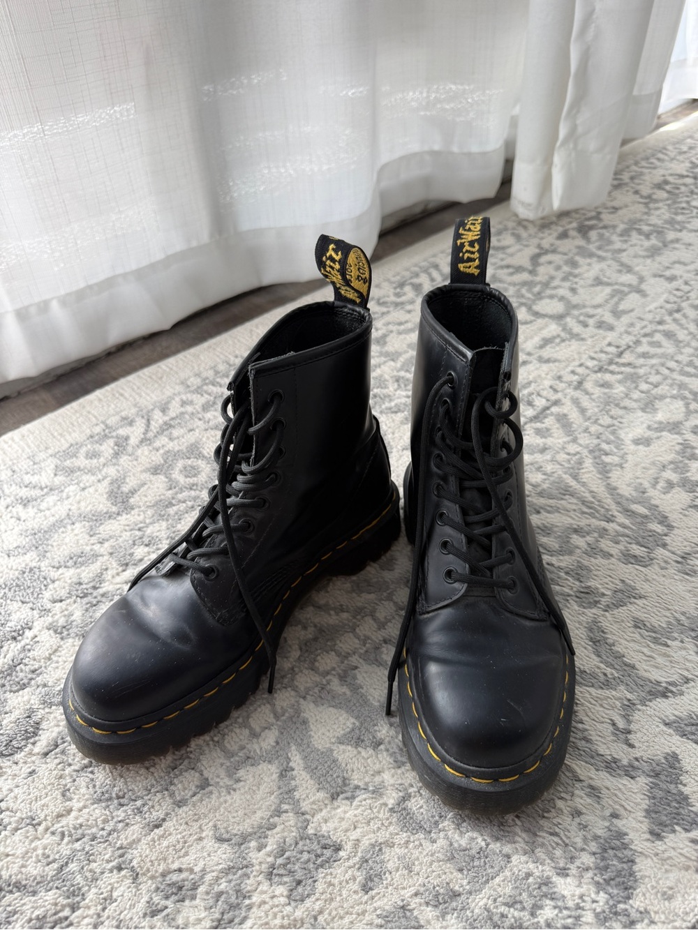 Dr. Martens Black Leather Lace-Up Combat Boots with Yellow Stitching